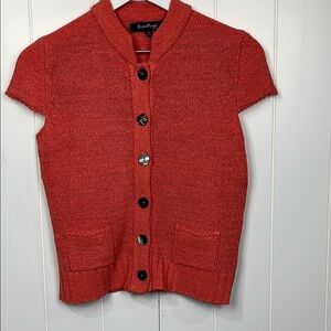 Evan-Picone Womens Cardigan PM Orange/Tangerine Cap Sleeves Crop Tricot Knit EUC